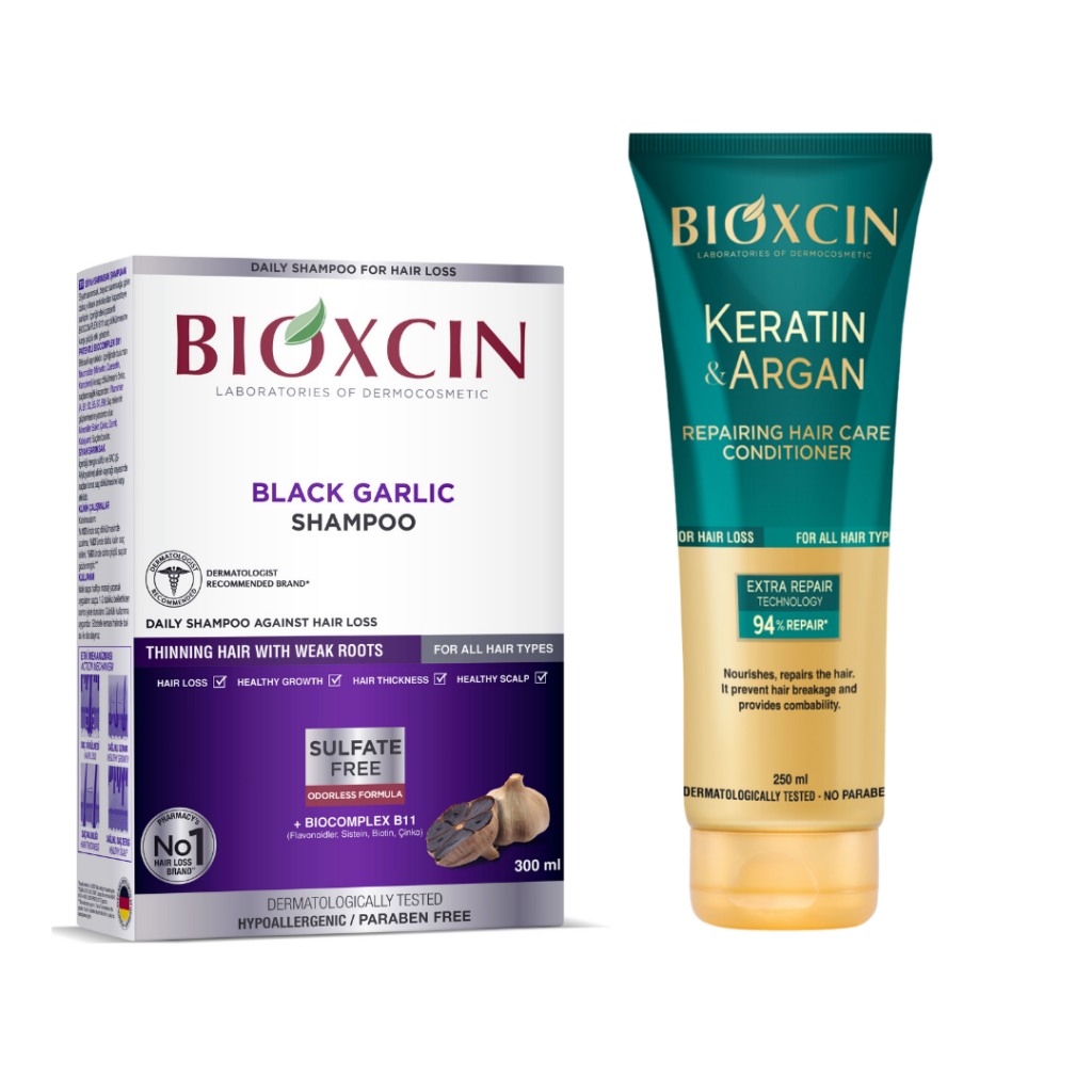 Pack Bioxcine Shampooing Anti-Chute à l’Ail Noir + Après-Shampooing à la Kératine et à l’Argan