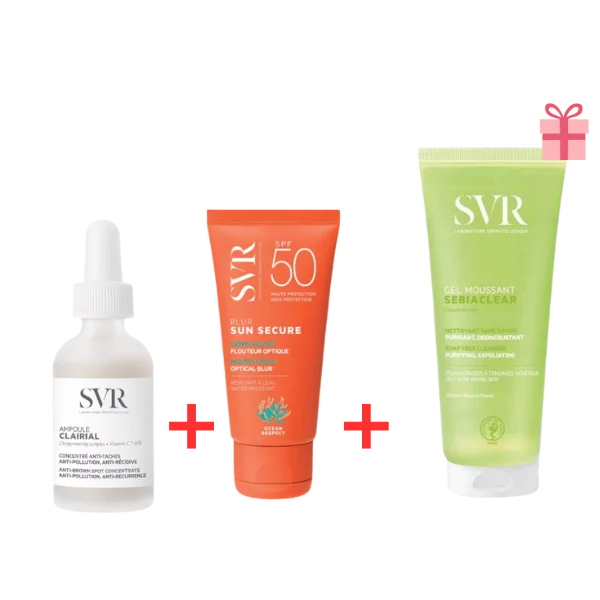 SVR PACK AMPOULE CLAIRIAL 30ML+ ECRAN BLUR INV SPF50+ 50ML+SEBIACLEAR GEL MOUSSANT 200ML GRATUIT