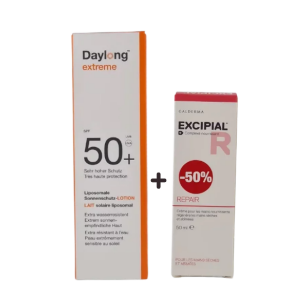 DAYLONG ECRAN EXTR 50+100ML+EXCIPIAL REPAIR CR MAINS 50ML -50%