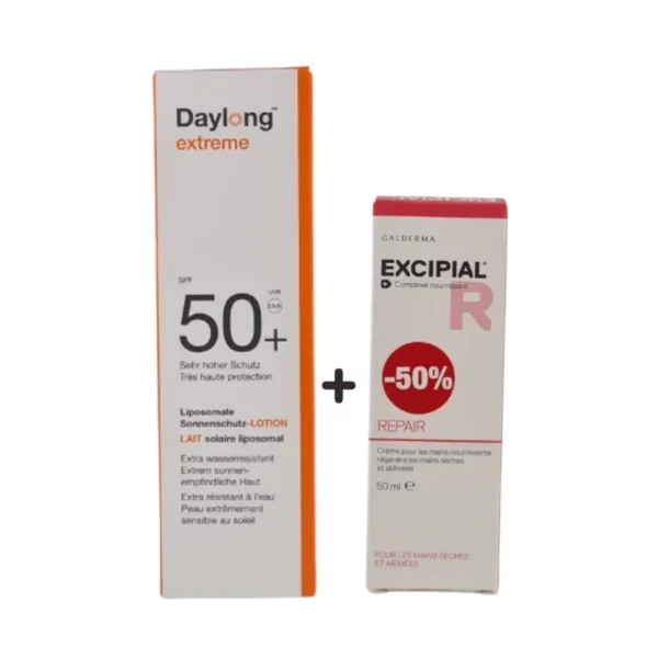 DAYLONG ECRAN EXTR 50+100ML+EXCIPIAL REPAIR CR MAINS 50ML -50%