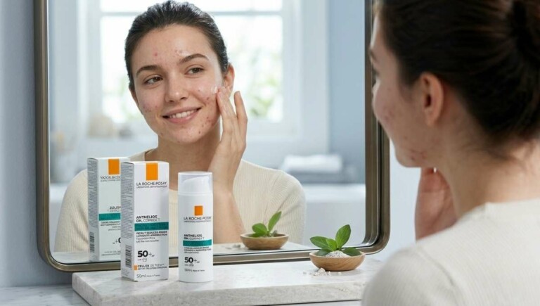 Femme souriante devant un miroir appliquant un écran solaire sur sa peau acnéique