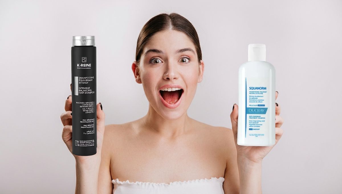 Femme tenant un shampoing cheveux gras des marques Ducray et K-Reine