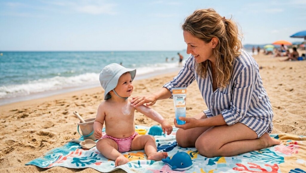 Une maman applique la crème solaire ISDIN sur la peau de son bébé.