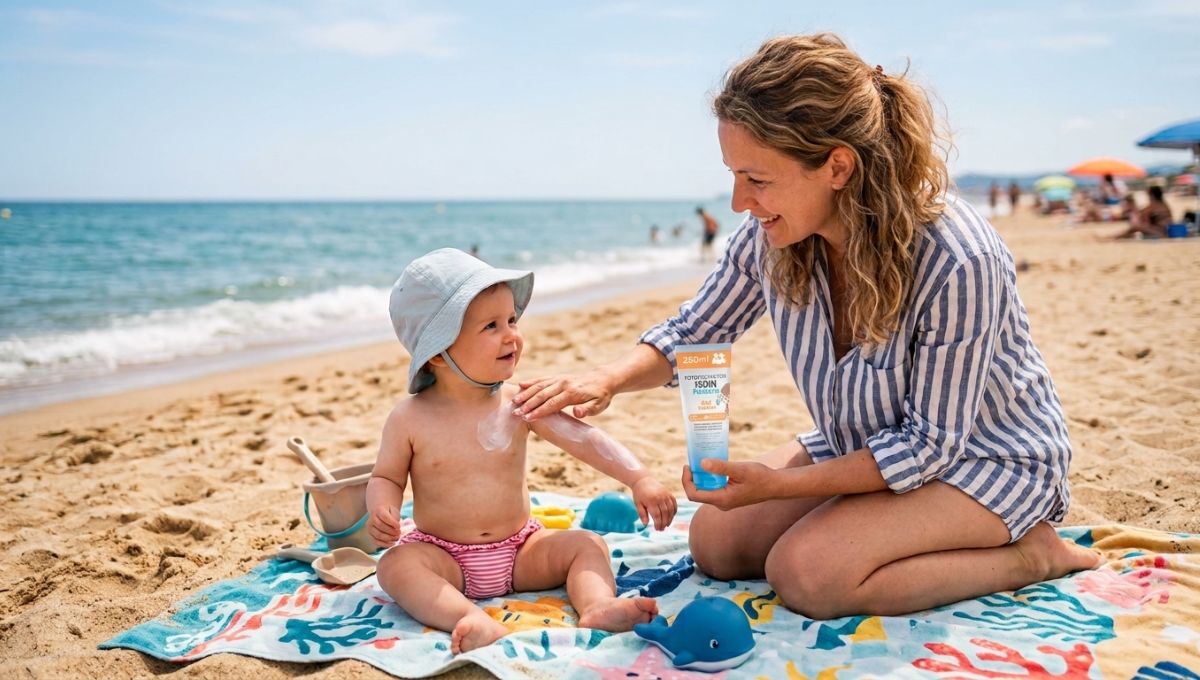 Une maman applique la crème solaire ISDIN sur la peau de son bébé.