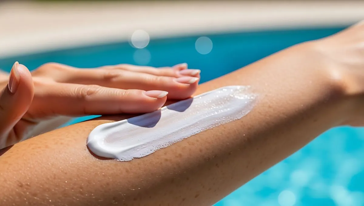 Femme appliquant une protection solaire sur son bras au bord de la piscine