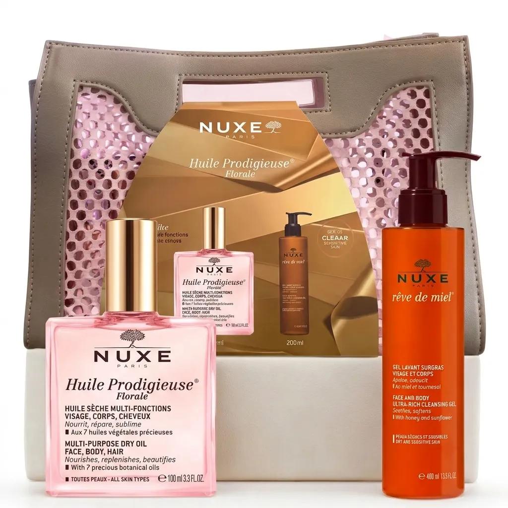NUXE Huile Prodigieuse Florale 100ml avec Gel Nettoyant Rêve de Miel et sac offerts