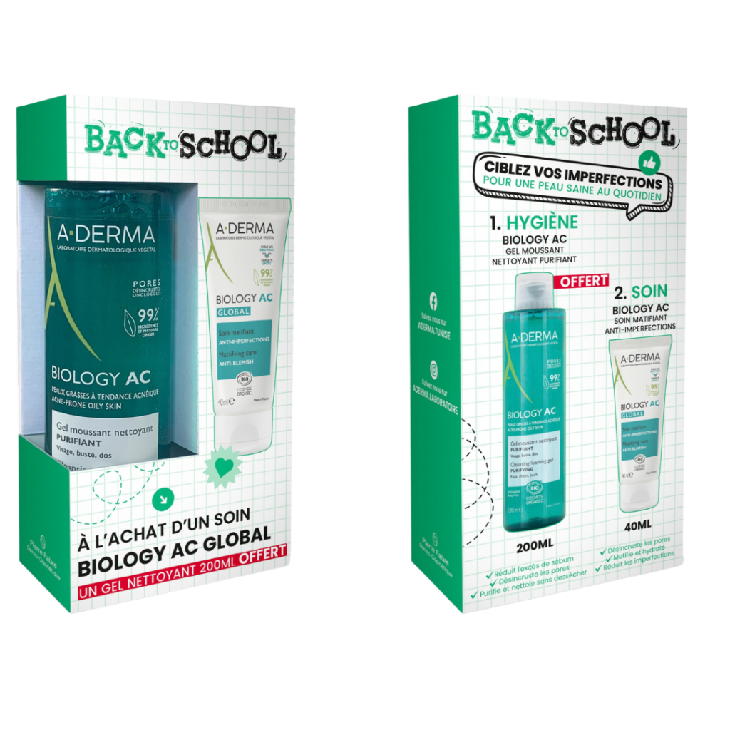 A-Derma Biology AC soin matifiant anti-imperfection+Biology AC gel moussant 200ml offert