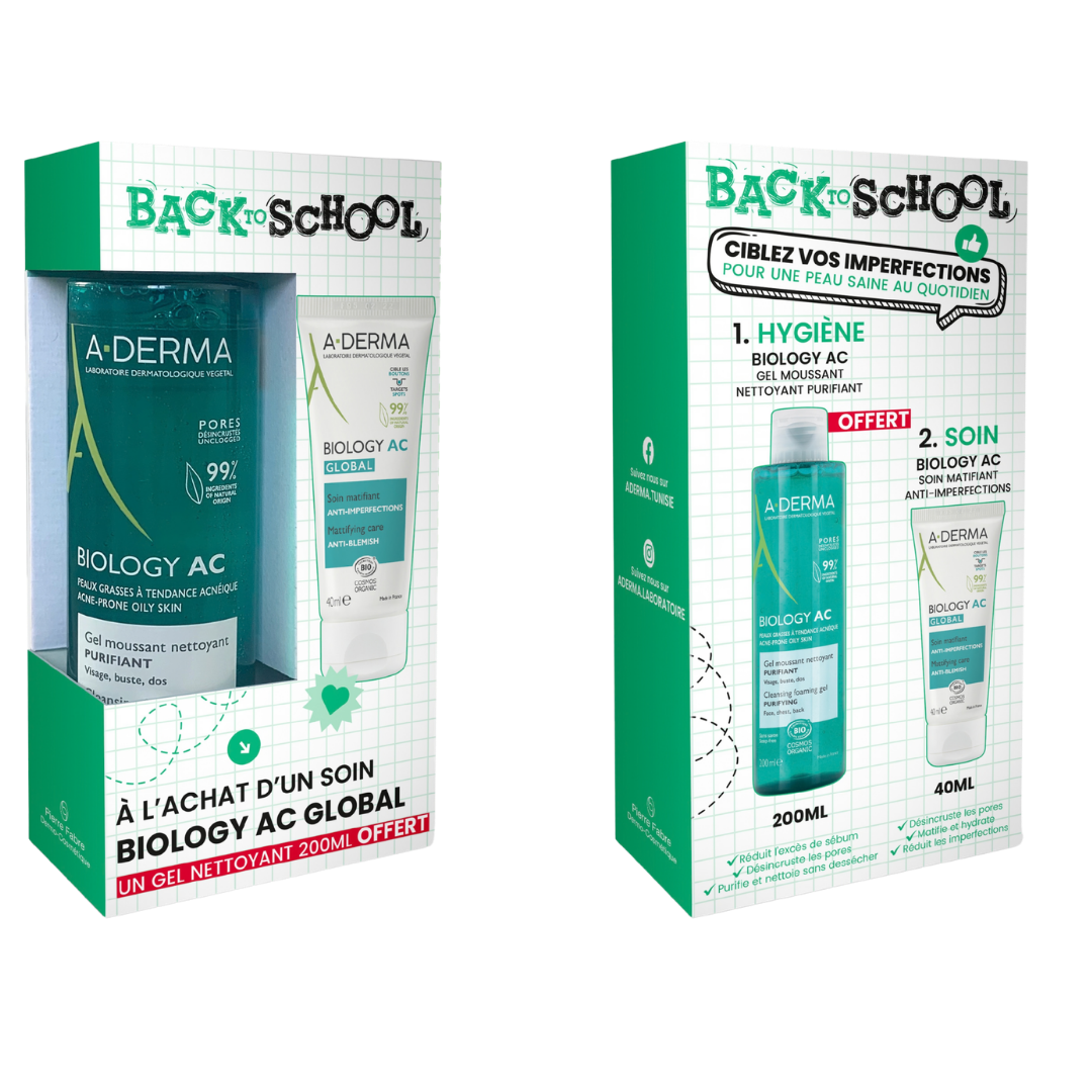 A-Derma Biology AC soin matifiant anti-imperfection+Biology AC gel moussant 200ml offert