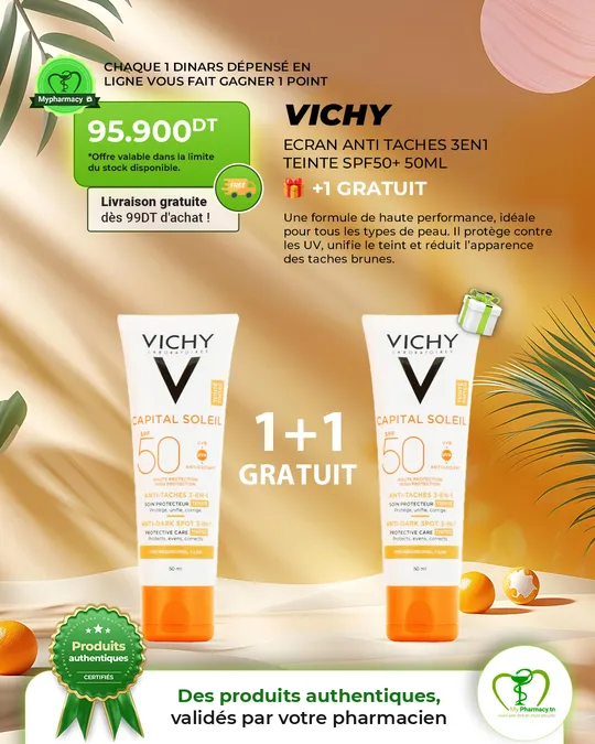 Vichy écran anti-taches 3 en 1 teinté SPF50+, 1+1 gratuit
