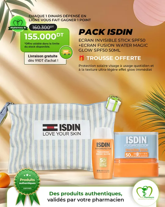 Pack ISDIN stick + Fusion Water Magic Glow, trousse offerte