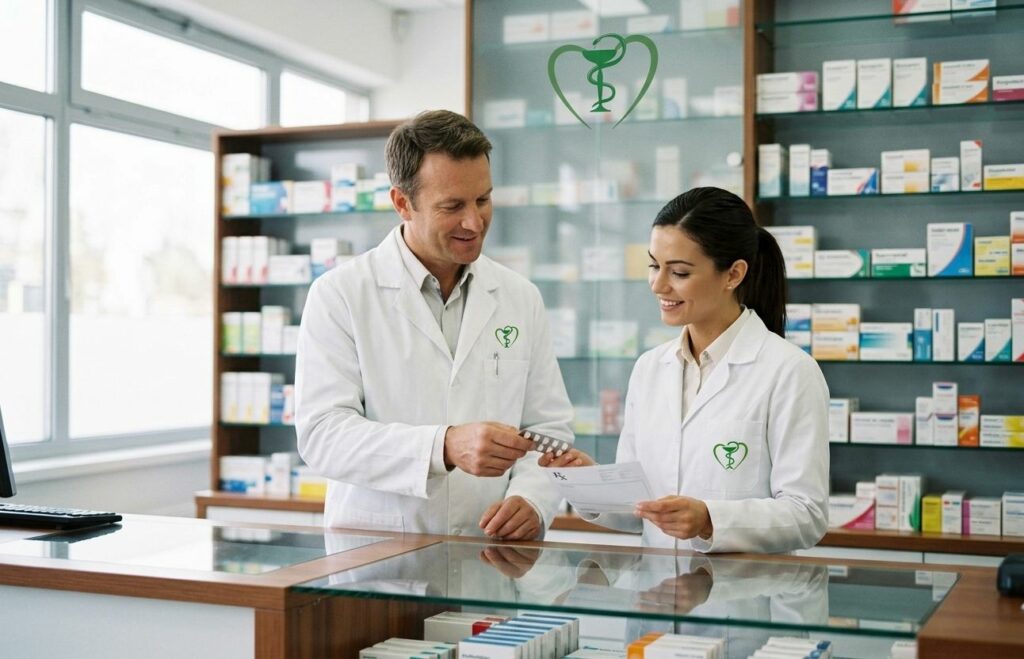 Deux pharmaciens MyPharmacy conseillant au comptoir de l’officine